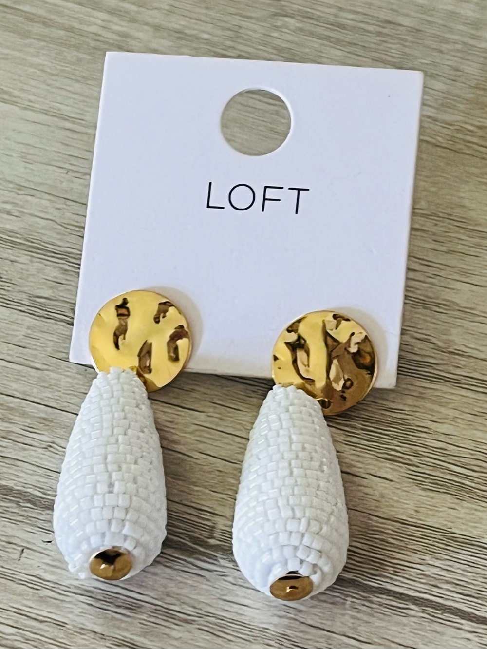 LOFT White Beaded Drop Earrings with Gold Discs NWT